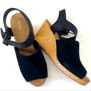 Toms Black Suede Wedge Sandals with Tan Woven Platform
